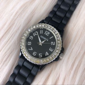 Geneva Black Watch With Rhinestones